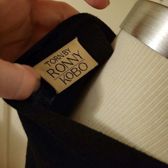 Striped Ribbed Knit Mini Dress Ronnie Kobo Long Sleeve Black Tan S/M - Picture 7 of 7